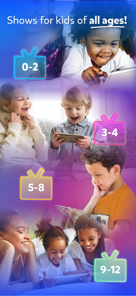 Kidoodle.TV - Safe Streaming™ - Children of different ages using mobile devices with age specific content labels from zero to twelve years old