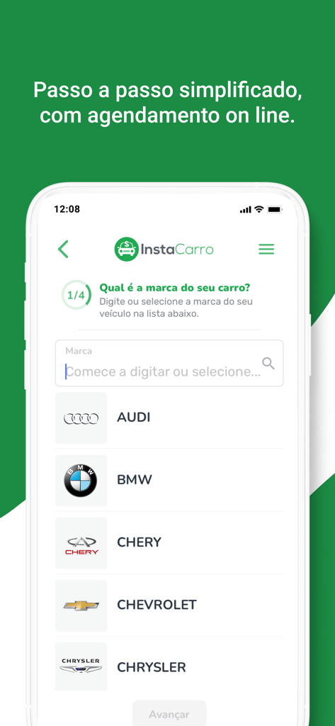 InstaCarro: Venda de Carros - InstaCarro app interface showing the first step of selecting a car brand for sale