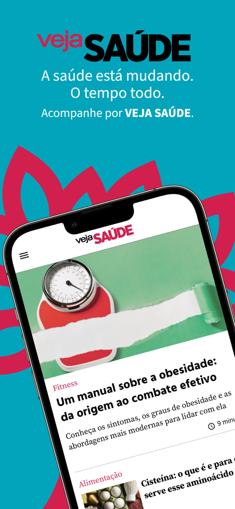 VEJA SAUDE app interface displaying health news and a featured article about obesity