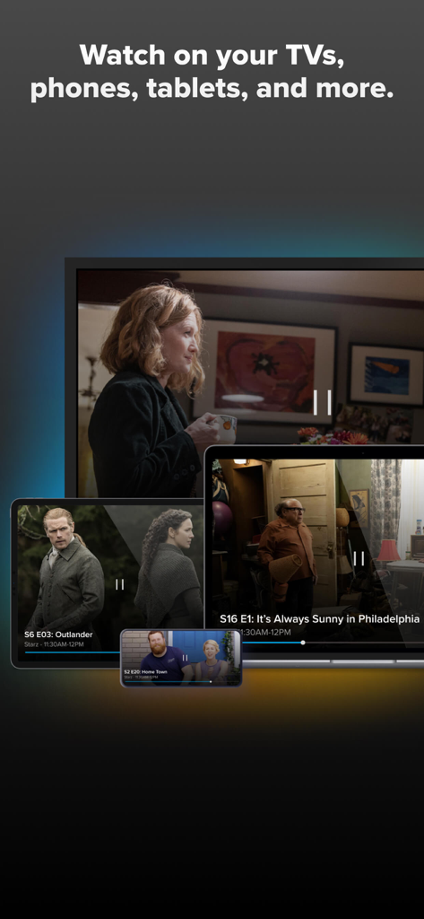 Sling TV-Oberfläche, angezeigt auf einem Fernseher, Tablet und Smartphone, die verschiedene Shows zeigt