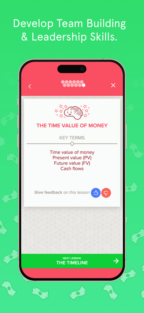 Mobile screen showing a Quantic business school lesson on the time value of money with finance key terms