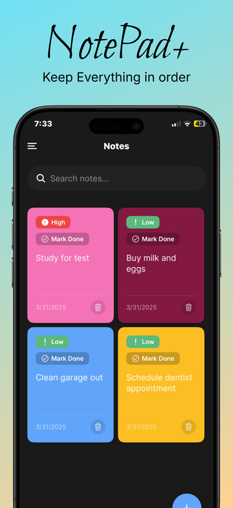 Note Pad+ - Organized task list in Note Pad plus app with colorful note cards and priority labels