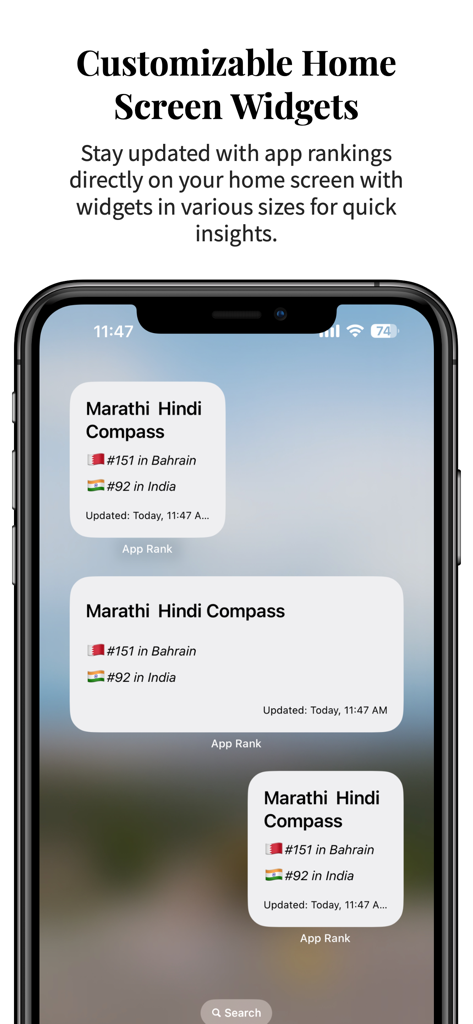 Customizable iPhone home screen widgets displaying real time app rankings and global trends