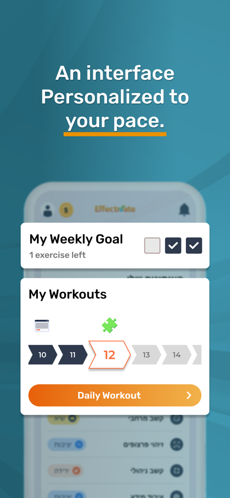 Effectivate – Brain Training - Panel de control personalizado de la aplicación de entrenamiento cerebral Effectivate que muestra los objetivos semanales y los ejercicios cognitivos diarios