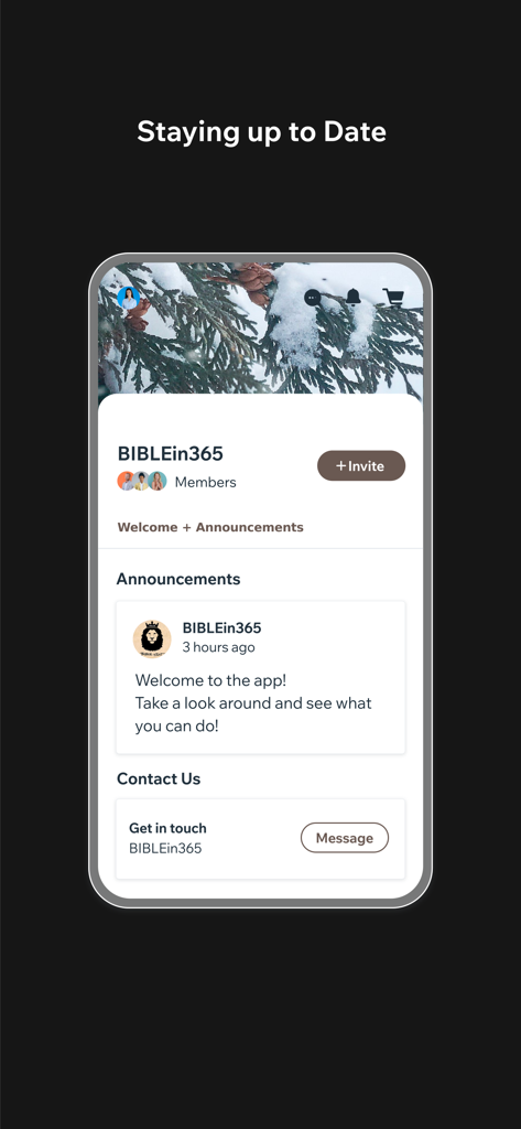 BIBLEin365 - BIBLEin365 app interface displaying the community announcements page with a welcome message and contact options