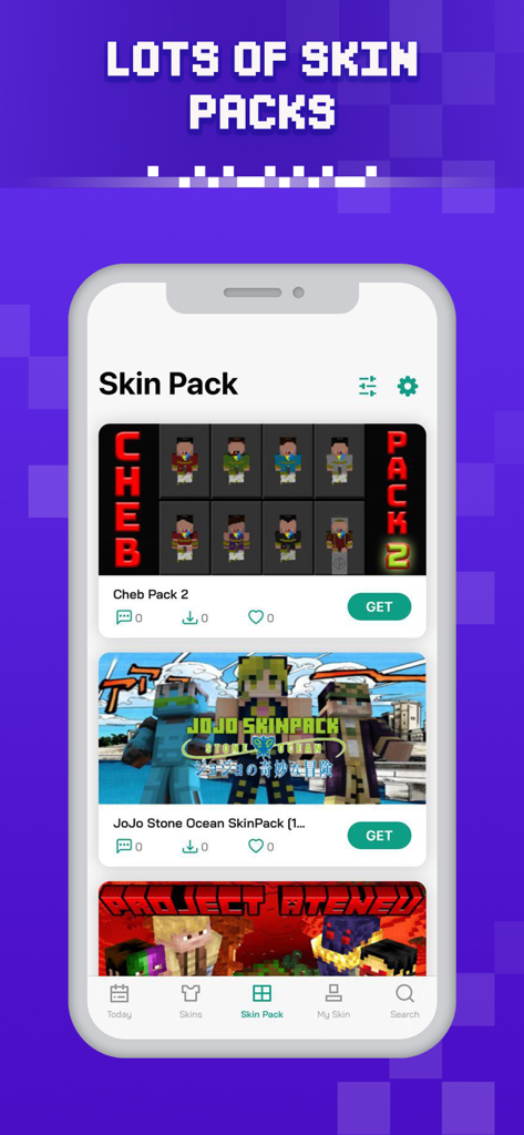 Skins for Minecraft + Skinseed - Interface do aplicativo Skins for Minecraft mostrando uma biblioteca de vários pacotes de skins temáticos prontos para download.