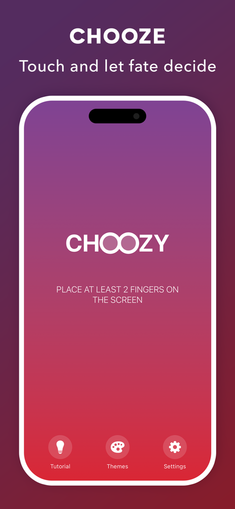 Choozy - Finger Chooser - Main interface of the Choozy app displaying a gradient background and a prompt to place fingers on the screen to make a decision