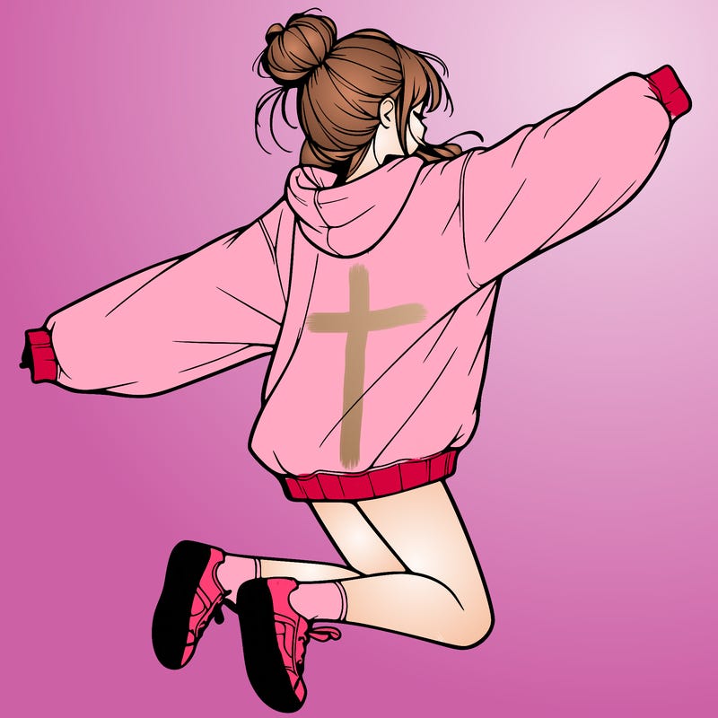 realistic girl jumping with a bun and oversized sweatshirt