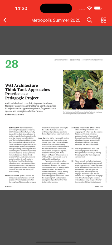 Article about WAI Architecture Think Tank in the Metropolis Mag mobile app
