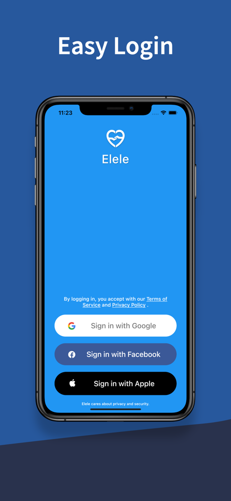 Elele app login screen with Google Facebook and Apple sign in options
