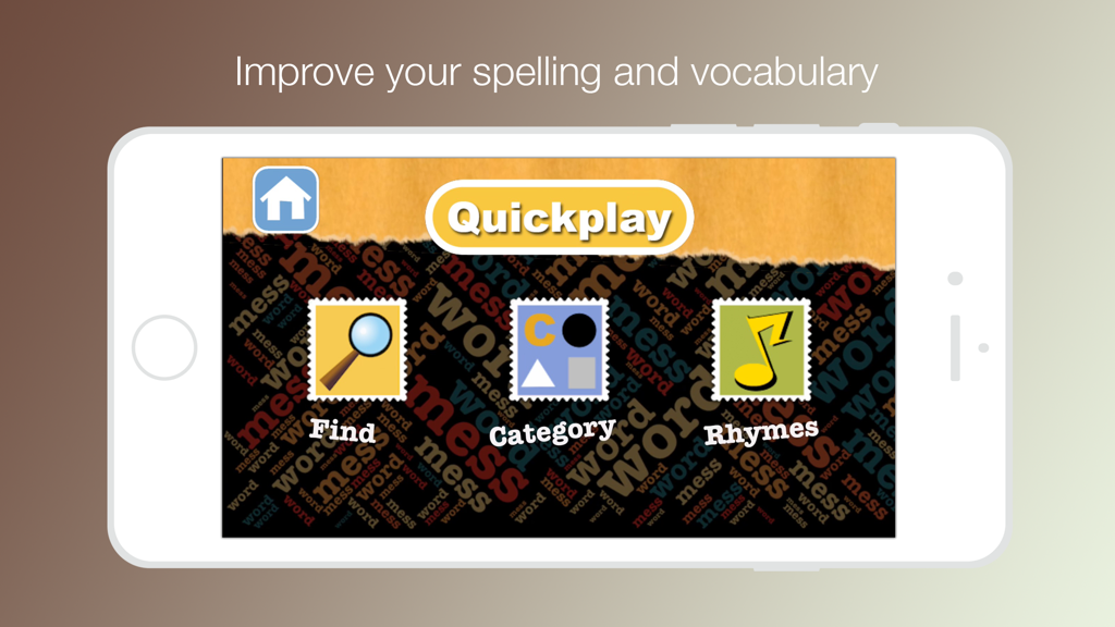 Word Mess - Word Mess mobile app main menu displaying game modes like Find Category and Rhymes