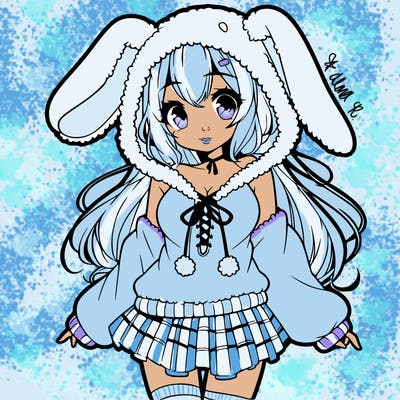pretty anime girl wearing a fluffy hoodie with bunny ears on the hood and a skirt