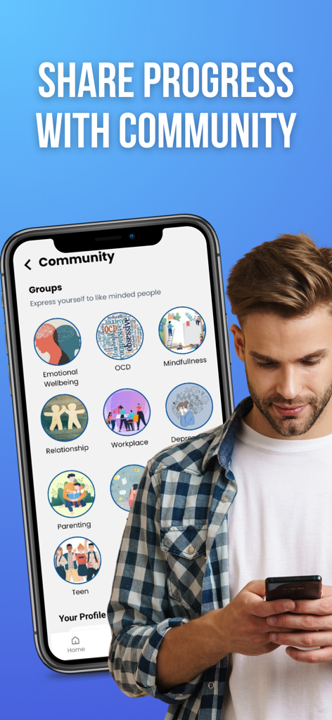 MantraCare - メンタルヘルスやウェルネスサポートのためのMantraCareコミュニティグループが表示されているスマートフォンの画面。