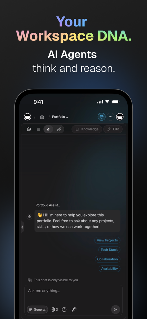 Taskade - One Prompt. One App - A mobile interface of the Taskade app showing an AI agent named Portfolio Assist with chat options like View Projects and Tech Stack.
