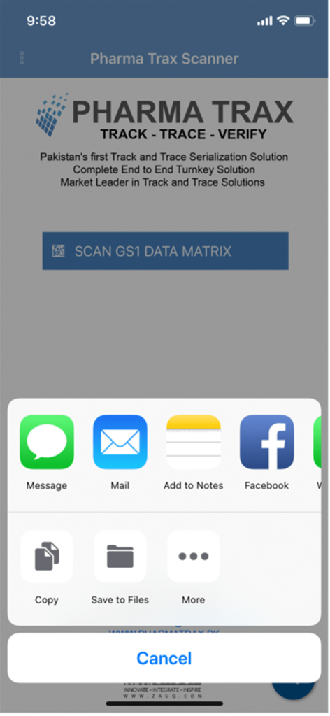 PHARMA TRAX SCANNER - PHARMA TRAX SCANNER mobile app home screen with an iOS share menu overlay