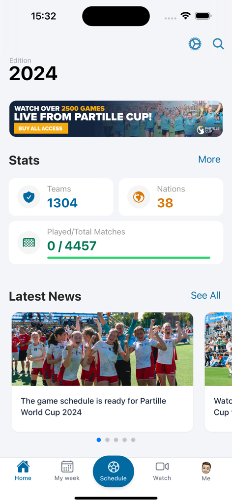 Partille Cup - Partille Cup app home screen displaying 2024 tournament statistics and latest news updates