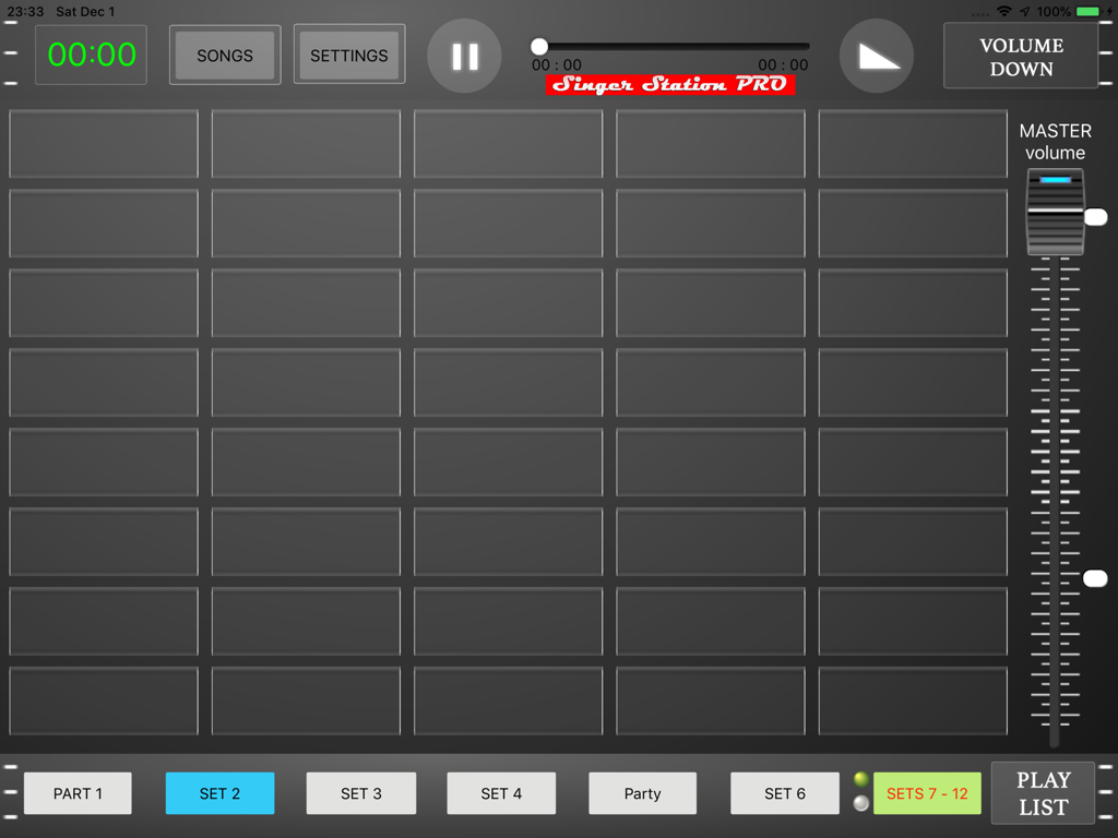 Singer Station PRO - Singer Station PRO App-Dashboard auf dem iPad, das Song-Set-Grids und Live-Performance-Steuerungen anzeigt