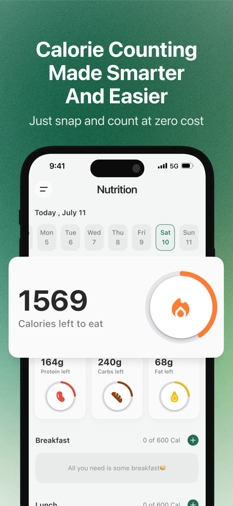 August, Your 24/7 Health AI - Nutrition dashboard of the August health app showing calorie counting and macronutrient tracking for protein carbs and fat