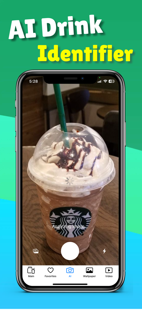 iPhone screen showing AI Drink Identifier feature in the Starbucks secret menu app analyzing a chocolate frappuccino