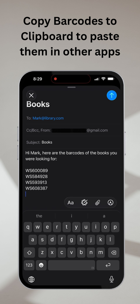Scan And Paste - Una pantalla de iPhone que muestra valores de códigos de barras escaneados pegados en un borrador de correo electrónico para demostrar la funcionalidad del portapapeles.