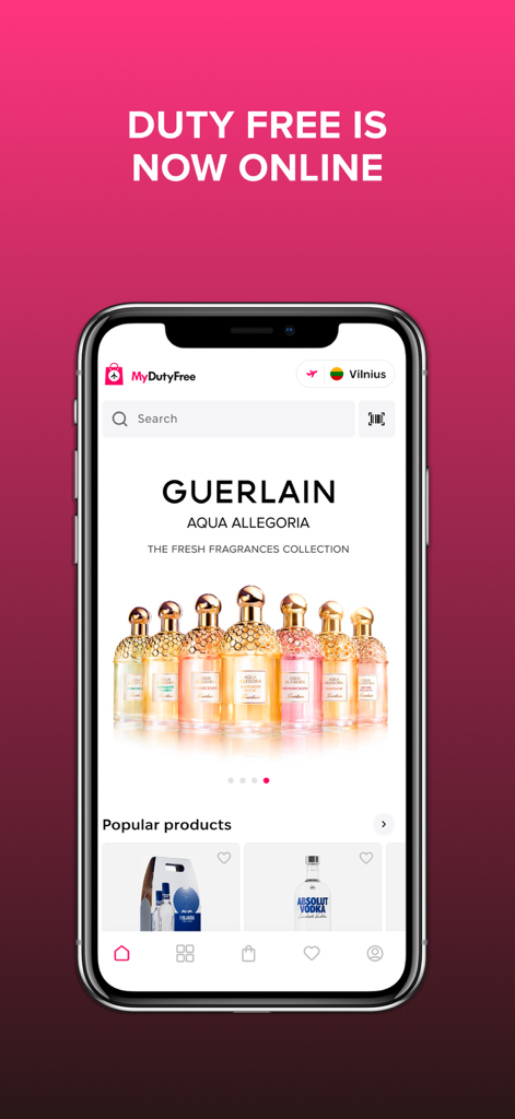 Homepage der MyDutyFree Mobile App mit Vorbestellungsoptionen für Luxusdüfte und Alkohol.