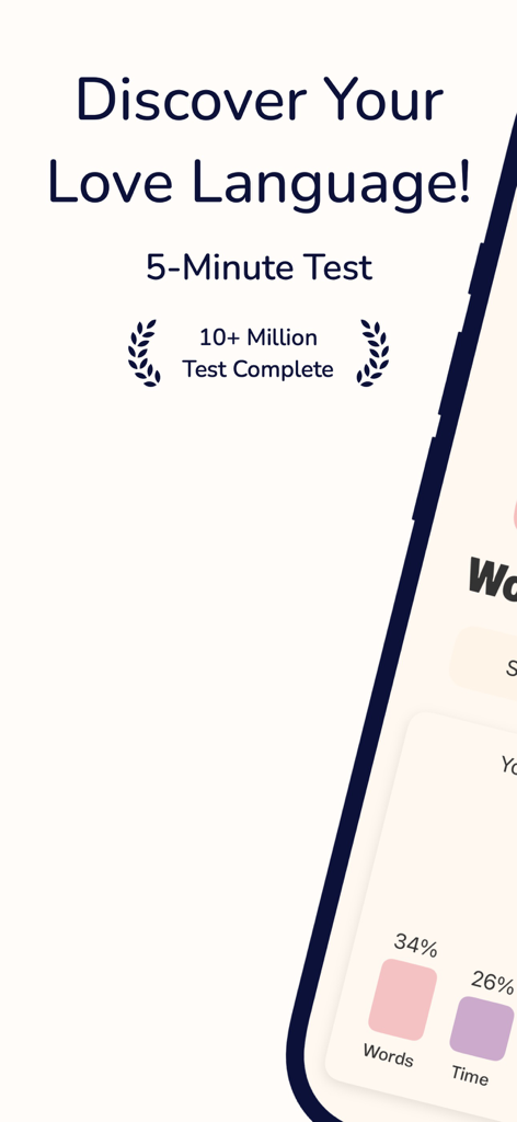 Pantalla introductoria de la App de Prueba de Lenguajes del Amor que muestra la opción de cuestionario de 5 minutos y un gráfico de resultados