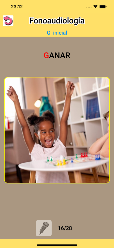Fonoaudiología : ejercicios AR - Speech therapy app interface showing an articulation exercise for the initial G sound with the word Ganar
