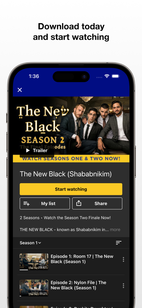ChaiFlicks app interface showing the series page for The New Black with a play button and episode list.