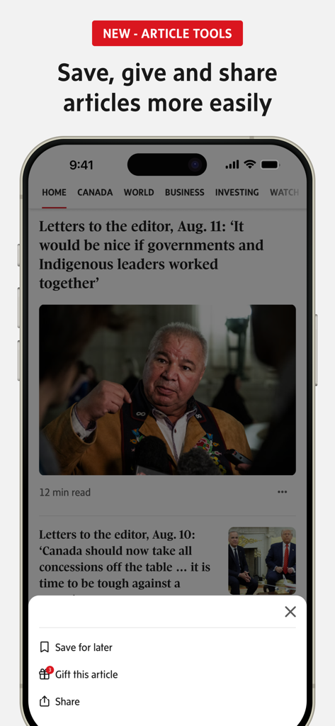 The Globe and Mail - The Globe and Mailニュースアプリのインターフェイス。記事の保存、ギフト、共有メニューを表示しています。