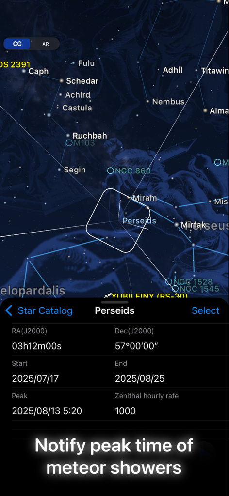 Starry Map - Starry Map app screen displaying detailed peak time information for the Perseids meteor shower