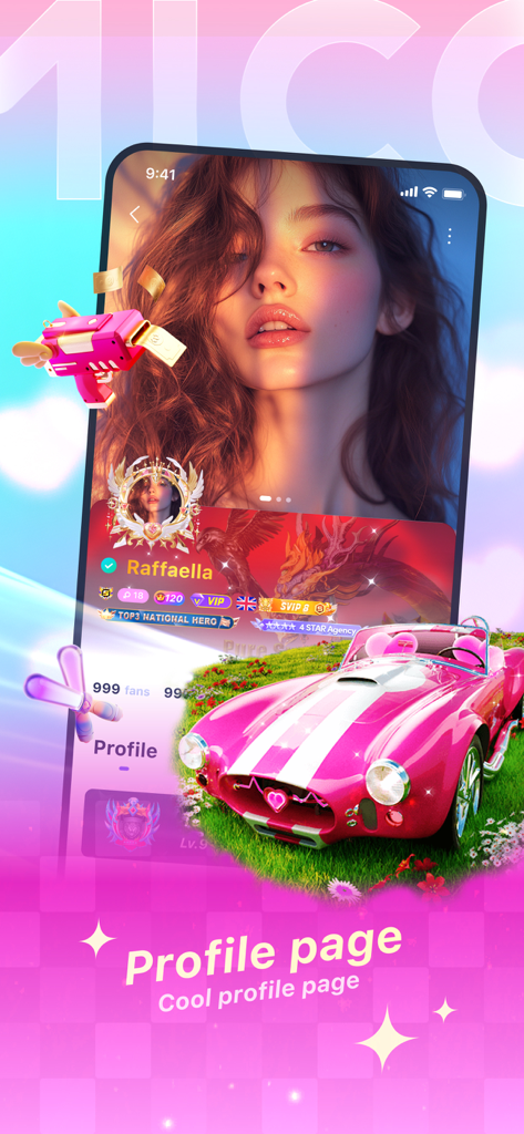 A user profile page on the MICO app displaying a broadcaster image, virtual gift animations, and social status badges.