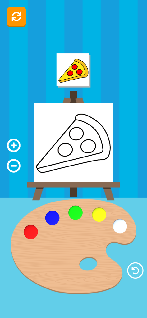 Mix & Paint - Mix and Paint game screen showing a pizza drawing and color palette