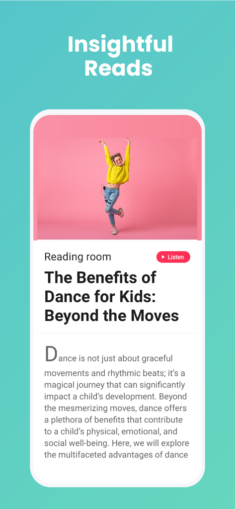 Dance Lessons: Learn to Dance - ダンスレッスンアプリ内の「子供のためのダンスのメリット」というタイトルの教育記事。