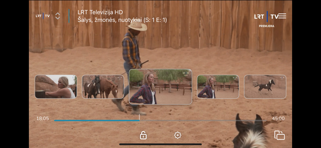 Plius.TV - Plius.TV app video player showing LRT Televizija HD with playback timeline and thumbnails
