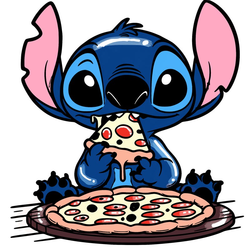 stich eating pizza