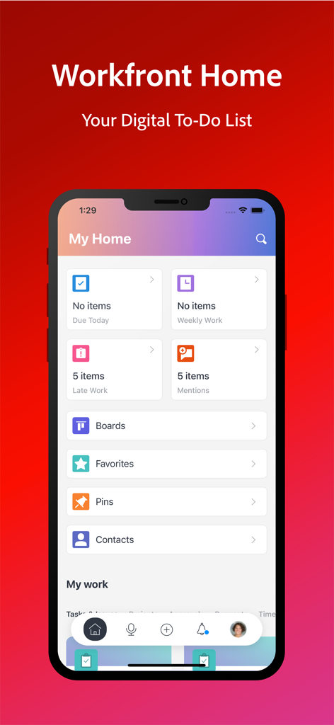 Adobe Workfront - デジタルToDoリストとタスク管理ダッシュボードを表示するAdobe Workfrontモバイルアプリのホーム画面
