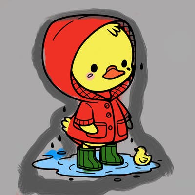 baby duck in a rain coat and boots, in a puddle while it’s raining