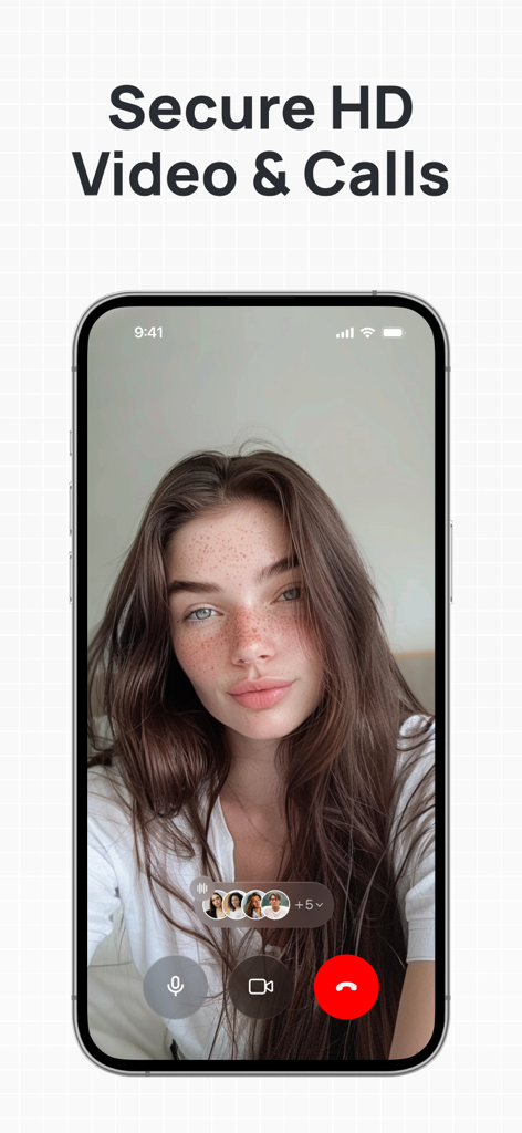 SecureNet app interface showing a high definition video call on a smartphone