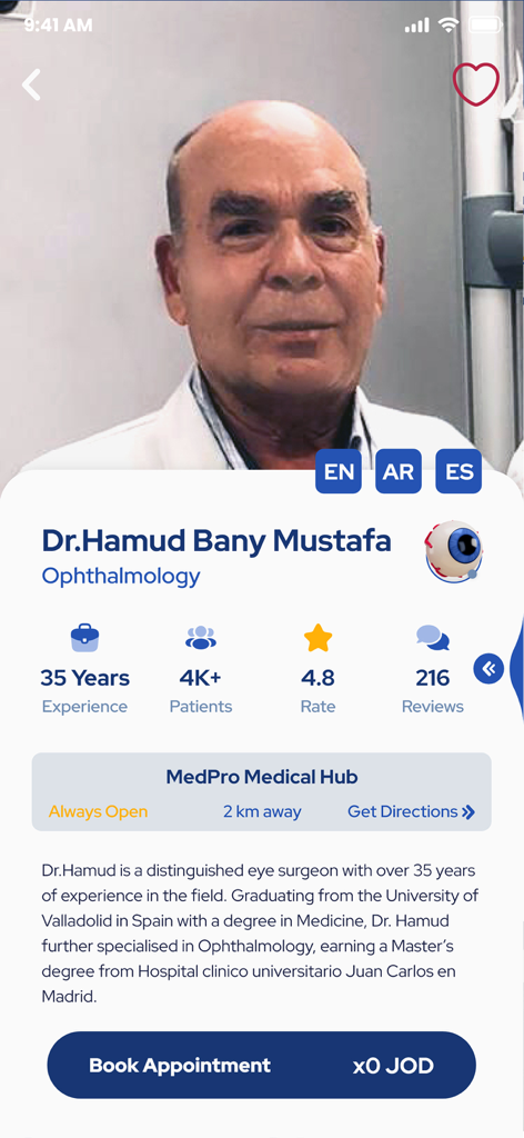 Med Quick - Profile page of an ophthalmologist doctor on the Med Quick app featuring his bio, patient ratings, and a book appointment button.