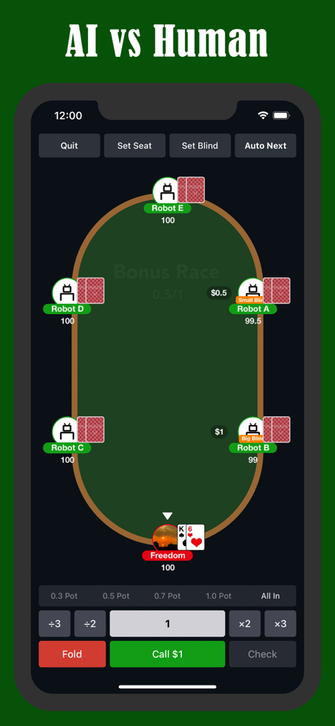 Poker AI - Optimal Strategy - Pantalla de juego de la aplicación Poker AI mostrando a un jugador humano compitiendo contra robots de IA