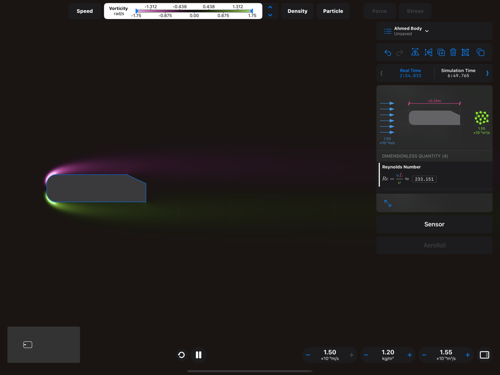 Aerodynamics simulation showing airflow visualization and Reynolds number on an iPad