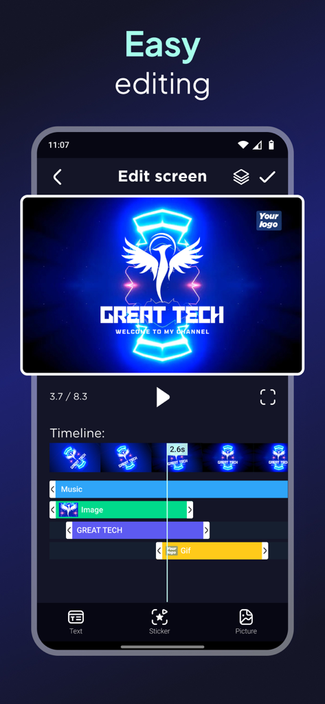 Schermata di editing di Intro Video Maker che mostra un logo gaming al neon e una timeline a più livelli