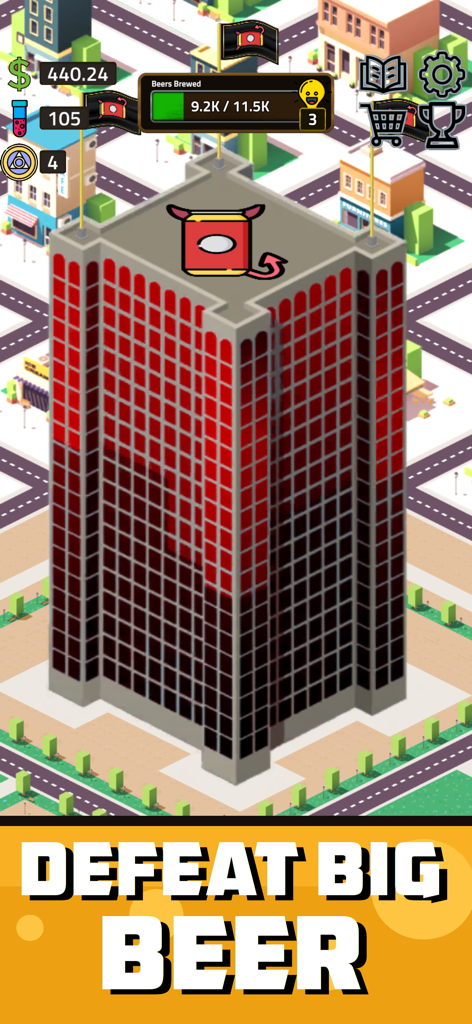 Idle Brewery: Beer Tycoon - Idle Brewery game screen showing a corporate skyscraper with a devil beer can and the text Defeat Big Beer