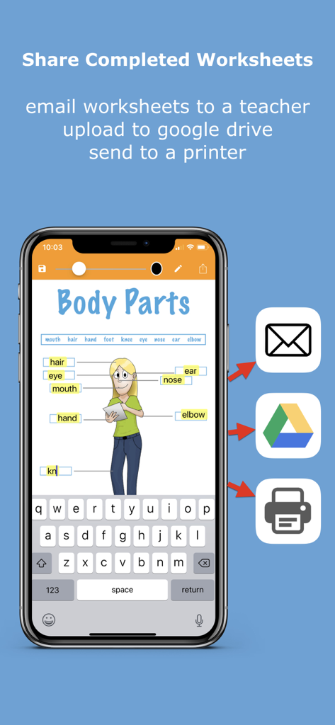 A smartphone showing a completed worksheet in the SnapType Pro app with options to share via email, Google Drive, or print.
