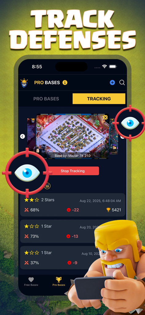 Interface do aplicativo Clash Champs mostrando o rastreamento de defesas e o histórico de desempenho para layouts de base profissionais