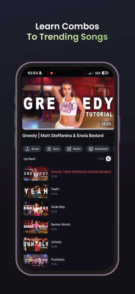 DNCR - Interface of DNCR app showing dance tutorial videos for popular trending songs