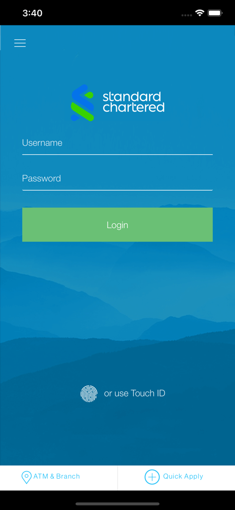 SC Mobile Indonesia - Login screen of SC Mobile Indonesia app with fields for username password and biometric touch ID login option