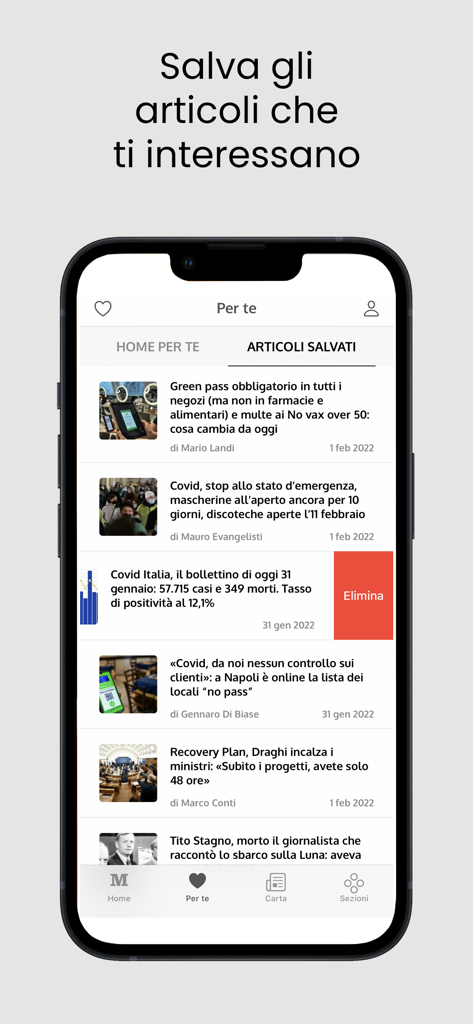 Il Mattino Mobile app screen displaying a list of saved news articles on a mobile device.