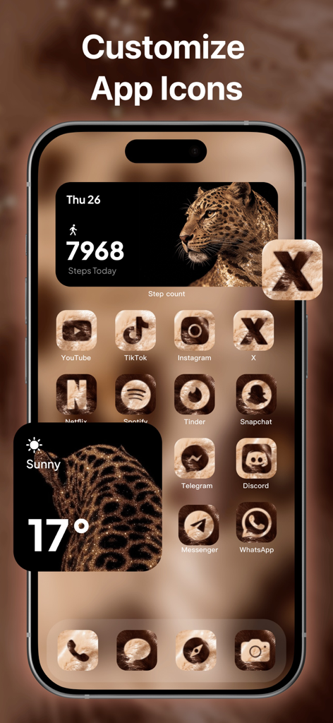 AuraAI: Themes & Wallpapers - Tela inicial do iPhone mostrando ícones de aplicativos e widgets personalizados com estampa de leopardo