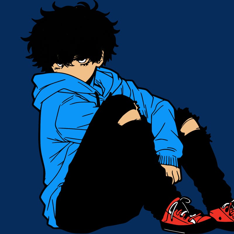 a male hoddie ripped jeans messy hair anime